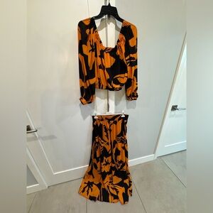 Elegant Black and Orange Floral Skirt Set